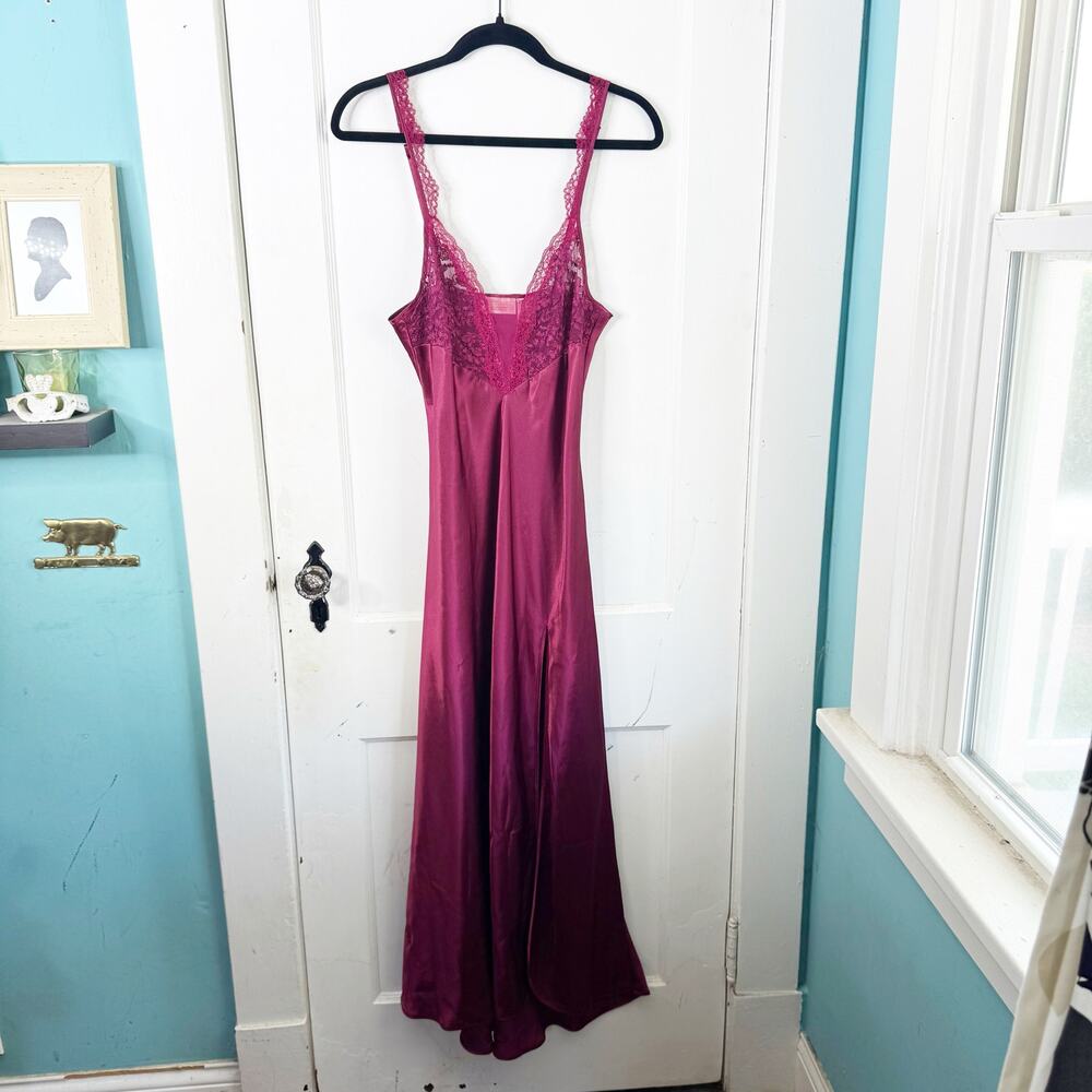 VTG Victoria’s Secret VS Gold Label Satin Maxi Slip Dress Lace Front Slit Medium